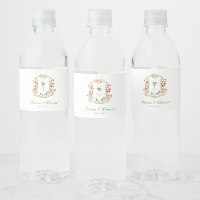 Étiquette Pour Bouteilles D'eau Palmier tropical Monogram Crest Beach Wedding (Bouteilles)