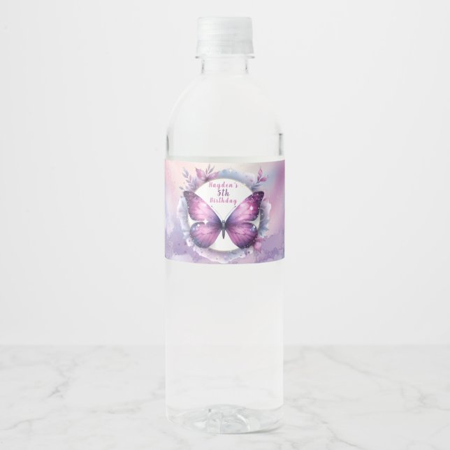 Étiquette Pour Bouteilles D'eau Papillon de Parties scintillant violet - Anniversa (Devant)