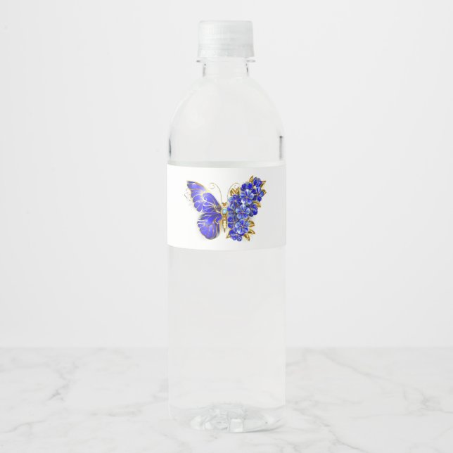 Étiquette Pour Bouteilles D'eau Papillon saphir à fleurs (Devant)