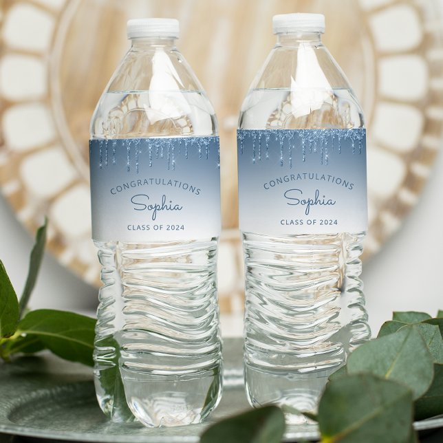 Étiquette Pour Bouteilles D'eau parties scintillant bleue 2024 Parti de graduation (Créateur téléchargé)