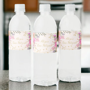 Étiquette Pour Bouteilles D'eau Parties scintillant or aquarelle florale bas mitzv