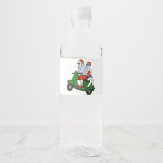 Étiquette Pour Bouteilles D'eau Père Noël et Mme Claus chevauchant un scooter