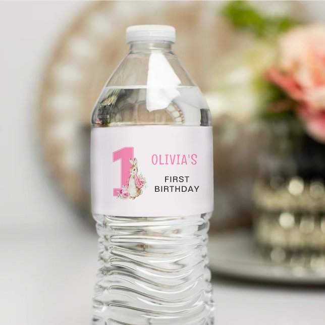 Étiquette Pour Bouteilles D'eau Peter Rabbit | Rose premier anniversaire (Créateur téléchargé)