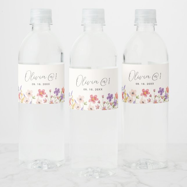 Étiquette Pour Bouteilles D'eau Petit Fleur sauvage Boho Premier anniversaire (Bouteilles)