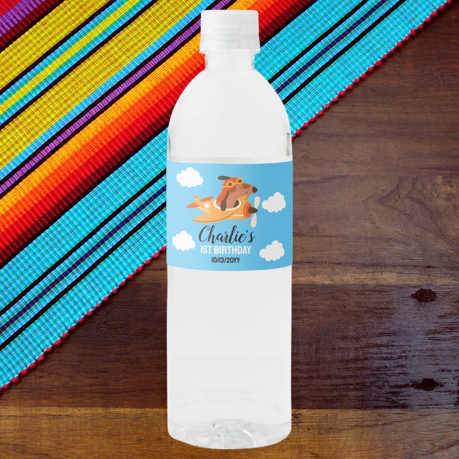 Étiquette Pour Bouteilles D'eau Pilote de chien avion volant, Enfants mignons bleu (Créateur téléchargé)