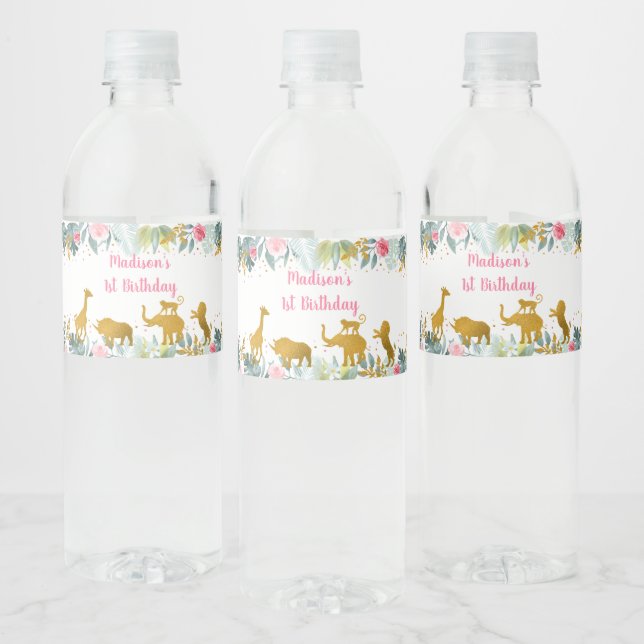 Étiquette Pour Bouteilles D'eau Pink Gold Safari verdure Anniversaire (Bouteilles)