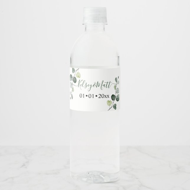 Étiquette Pour Bouteilles D'eau PixDezines Aquarelle Rusttique Verdure Eucalyptus (Devant)