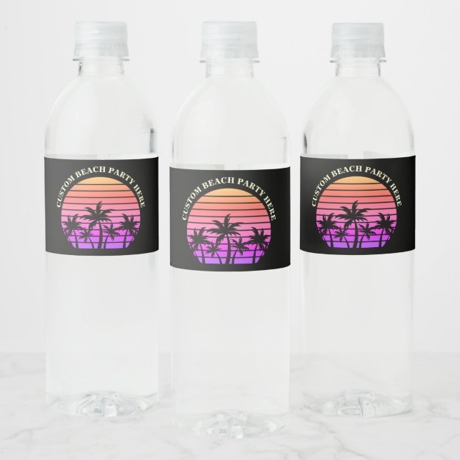 Étiquette Pour Bouteilles D'eau Plage de l'île tropicale Palmiers rose noir (Bouteilles)