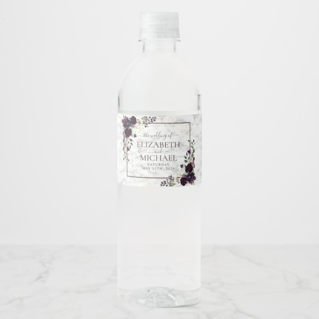 Étiquette Pour Bouteilles D'eau Plum violet or Aquarelle marbre Mariage (Devant)