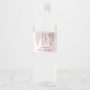 Étiquette Pour Bouteilles D'eau Plumes d'attrapeur de rêve rose gris Boho