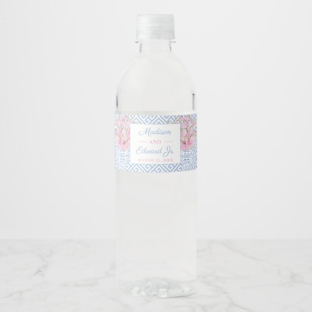 Étiquette Pour Bouteilles D'eau Preppy Pink Et Blue Chinoiserie Mariage (Devant)