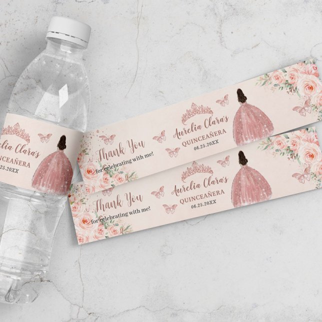 Étiquette Pour Bouteilles D'eau Quinceañera Blush Floral Rose Gold robe Princesse (Créateur téléchargé)