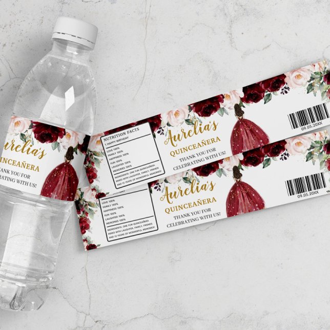 Étiquette Pour Bouteilles D'eau Quinceañera Bourgogne Blush Floral 16e anniversair (Créateur téléchargé)