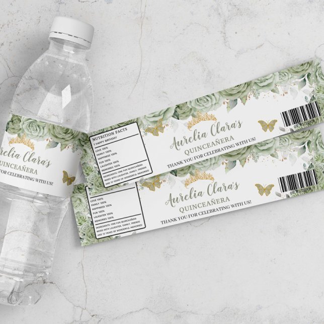 Étiquette Pour Bouteilles D'eau Quinceañera Sage Green Papillons Floraux doux 16 (Créateur téléchargé)