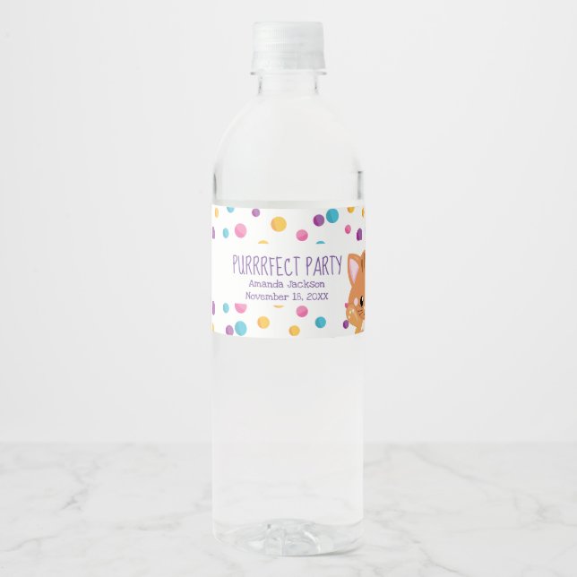 Étiquette Pour Bouteilles D'eau Rainbow Confetti Cute Kitty Chat Anniversaire (Devant)