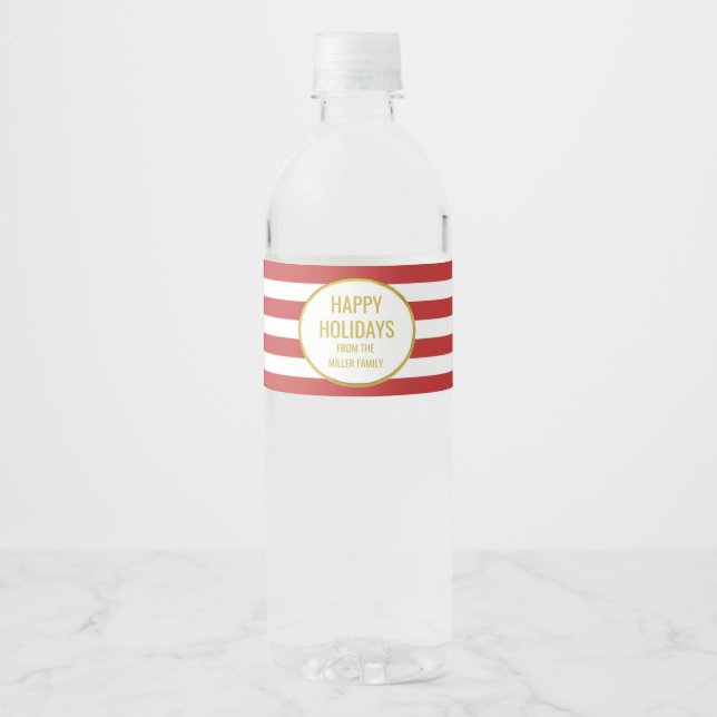 Étiquette Pour Bouteilles D'eau Red Stripes Gold Custom Joyeuses vacances (Devant)