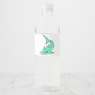Étiquette Pour Bouteilles D'eau requin souriant de dessin animé bleu vert océan an