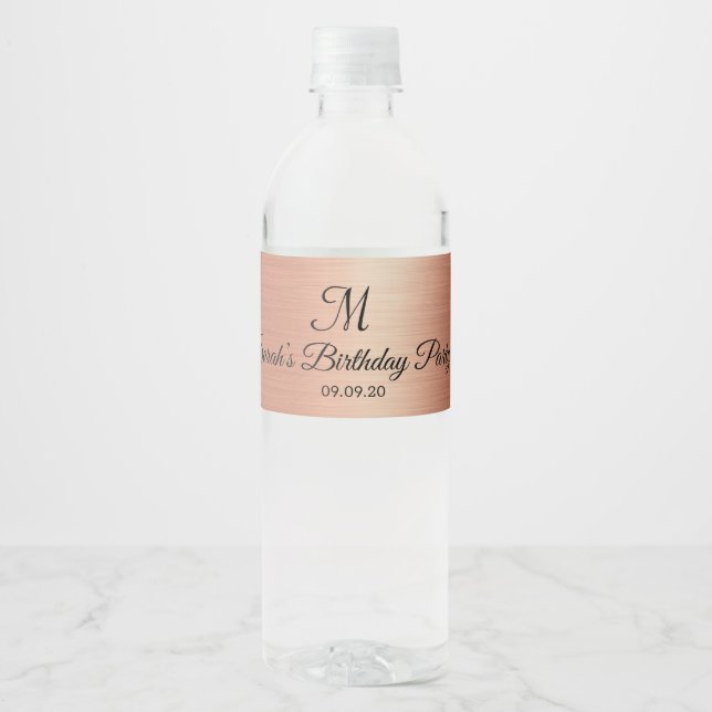 Étiquette Pour Bouteilles D'eau Rose Gold Black Monogramme Mariage Anniversaire (Devant)