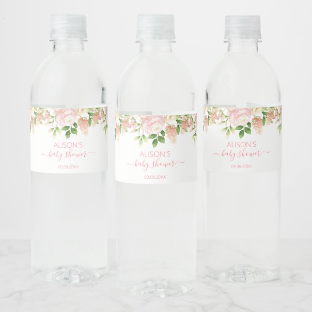 Étiquette Pour Bouteilles D'eau Rose rose élégant floral fille Baby Shower (Bouteilles)
