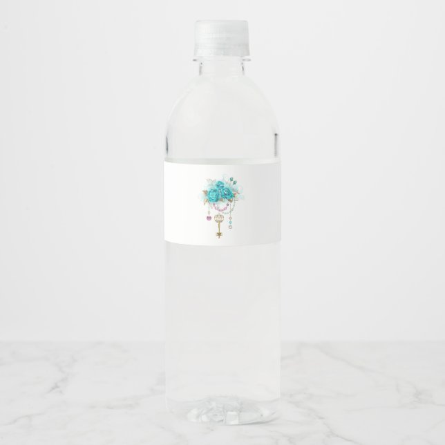 Étiquette Pour Bouteilles D'eau Roses turquoise avec touches (Devant)