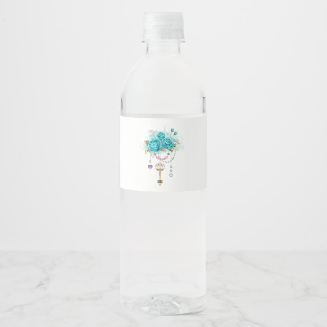 Étiquette Pour Bouteilles D'eau Roses turquoise avec touches (Devant)