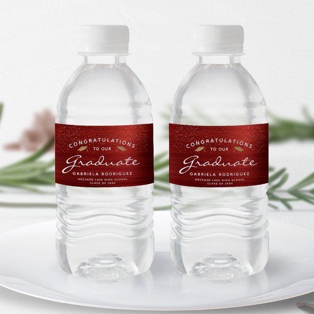 Étiquette Pour Bouteilles D'eau Rouge brossé métal blanc Script Gold Casquette Gra (Créateur téléchargé)