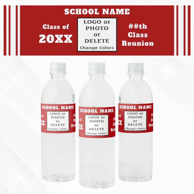 Étiquette Pour Bouteilles D'eau Rouge et blanc, Réunion de classe (Class Reunion Water Bottle Labels. Class Reunion Table Decorations. Red and White Water Bottle Label)