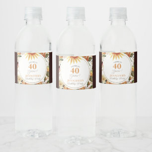 Étiquette Pour Bouteilles D'eau Rustique Automne Boho Sunflower 40e fête d'anniver