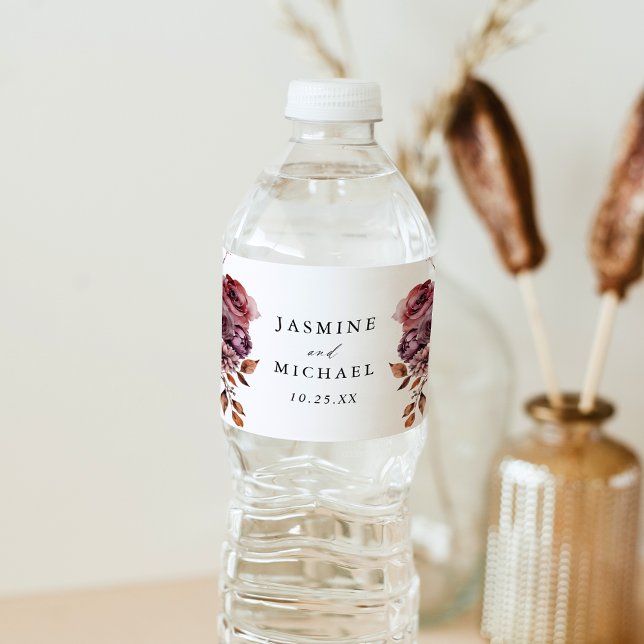 Étiquette Pour Bouteilles D'eau Rustique Automne Marsala Floral Mariage (Créateur téléchargé)