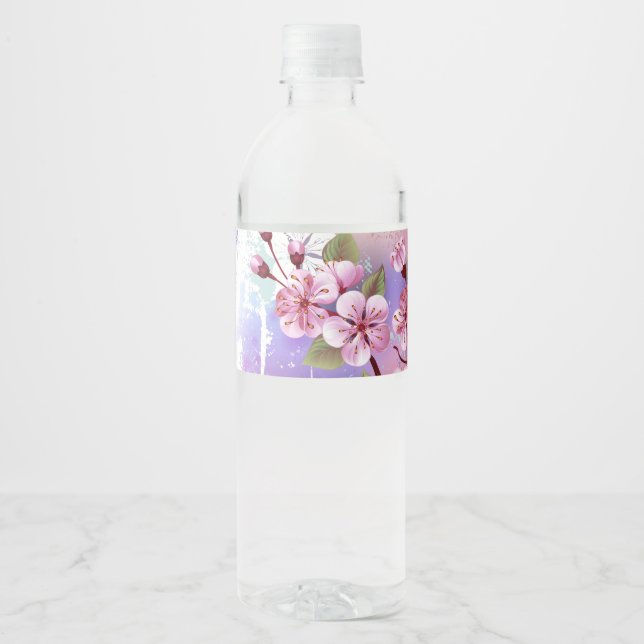 Étiquette Pour Bouteilles D'eau Sakura rose sur la peinture Arrière - plan (Devant)