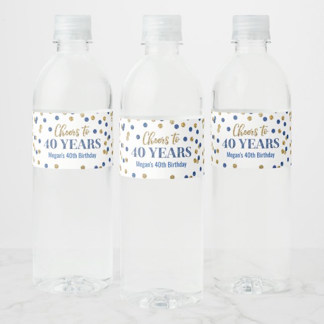 Étiquette Pour Bouteilles D'eau Salutations à 40 ans Blue Gold Confetti Anniversai (Bouteilles)