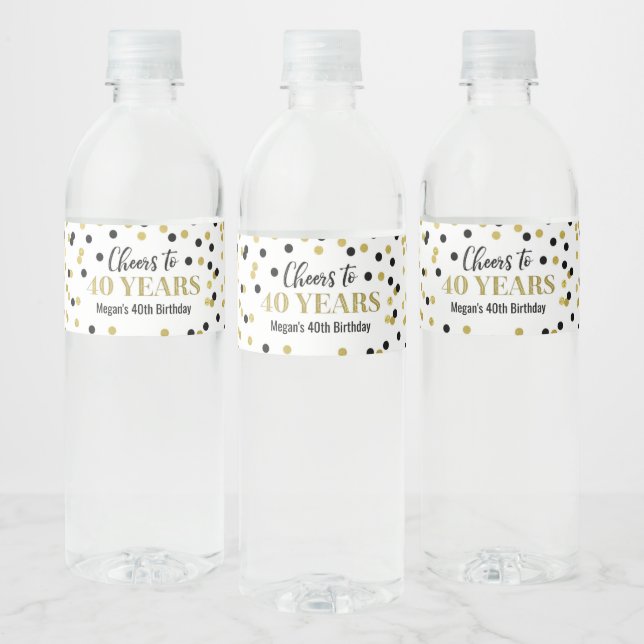 Étiquette Pour Bouteilles D'eau Salutations à 40 ans Noir Confetti Anniversaire (Bouteilles)