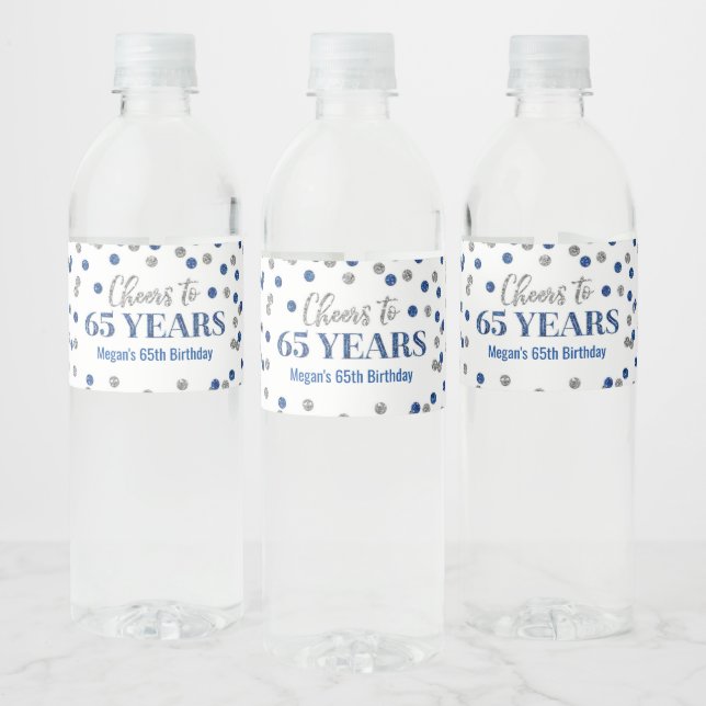 Étiquette Pour Bouteilles D'eau Salutations à 65 Ans Bleu Argent Confetti Annivers (Bouteilles)