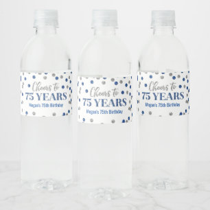 Étiquette Pour Bouteilles D'eau Salutations à 75 ans Bleu Argent Confetti Annivers