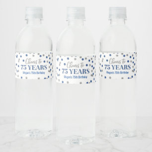 Étiquette Pour Bouteilles D'eau Salutations à 75 ans Bleu Argent Confetti Annivers