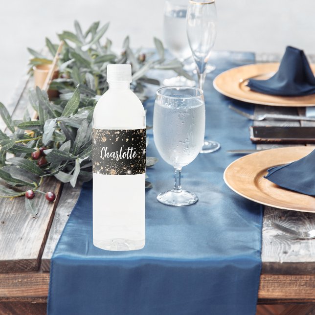 Étiquette Pour Bouteilles D'eau Script nom étincelles or noir (Créateur téléchargé)