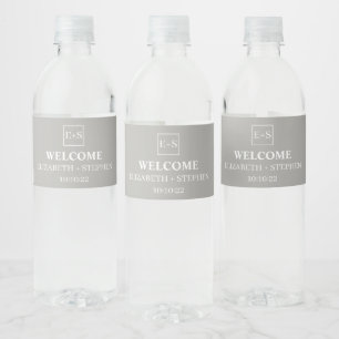Étiquette Pour Bouteilles D'eau Simple Monogramme Gris et Mariage blanc