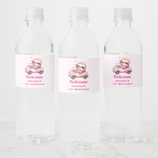 Étiquette Pour Bouteilles D'eau Sourire rose Sloth conduisant une convertible (Bouteilles)