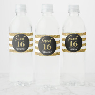 Étiquette Pour Bouteilles D'eau Sweet 16 Anniversaire Black Gold Stripes
