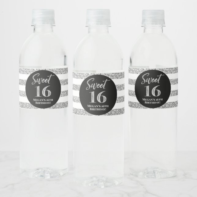 Étiquette Pour Bouteilles D'eau Sweet 16 Anniversaire Noir Stripes Argent (Bouteilles)