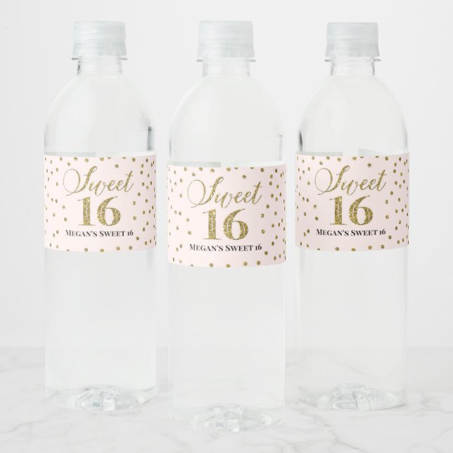 Étiquette Pour Bouteilles D'eau Sweet 16 Anniversaire Pink Gold Confetti (Bouteilles)