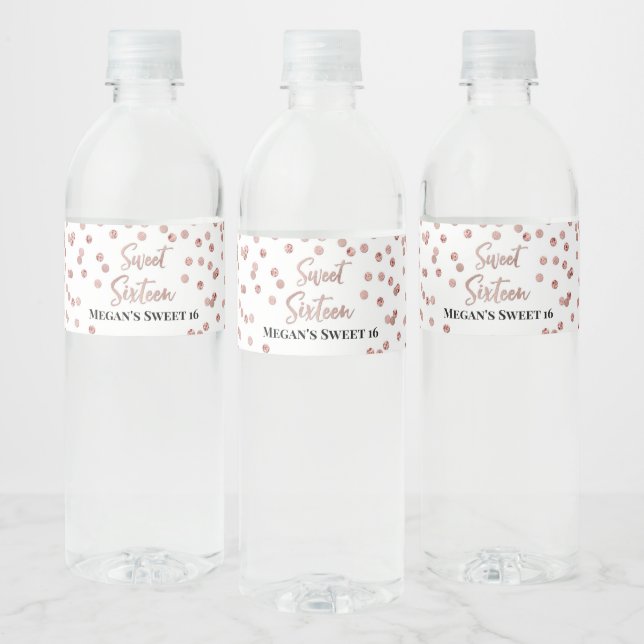 Étiquette Pour Bouteilles D'eau Sweet 16 Anniversaire Rose Gold Confetti (Bouteilles)