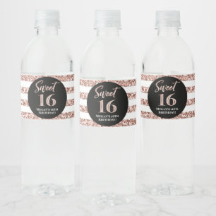 Étiquette Pour Bouteilles D'eau Sweet 16 Anniversaire Rose Gold Stripes