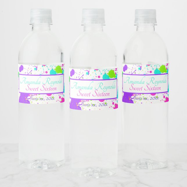 Étiquette Pour Bouteilles D'eau Sweet sixteen de peinture de néon (Bouteilles)