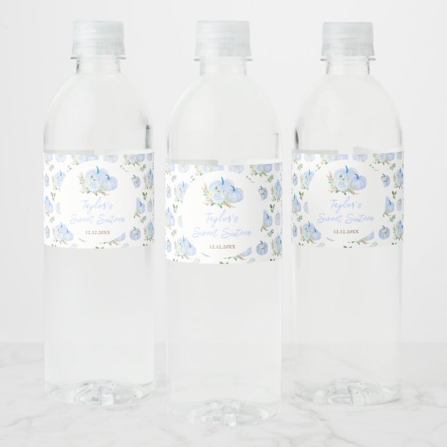 Étiquette Pour Bouteilles D'eau Sweet sixteen Floral Citrouille bleu (Bouteilles)
