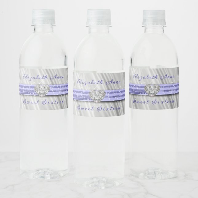 Étiquette Pour Bouteilles D'eau Sweet sixteen Lavender Ruban Silver Silver (Bouteilles)
