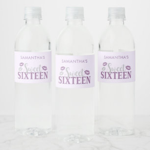 Étiquette Pour Bouteilles D'eau Sweet sixteen pourpre et argent Anniversaire