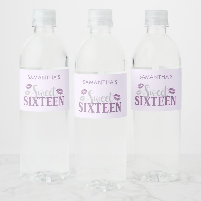 Étiquette Pour Bouteilles D'eau Sweet sixteen pourpre et argenté (Bouteilles)