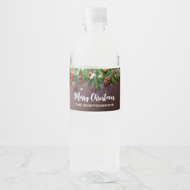 Étiquette Pour Bouteilles D'eau Table de Noël rustique avec Pine & Snow (Devant)