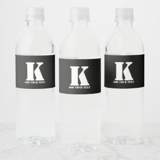 Étiquette Pour Bouteilles D'eau Texte moderne personnalisé noir monogramme personn